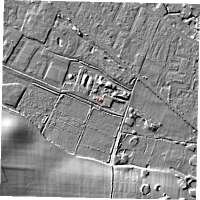 Shaded relief map of the ground around KT169QE, computed from Environment Agency LiDAR. The ground here sits at about 15 m above sea level and falls 12 m across the surrounding 800 m. Surface water reaching this point runs off ground lying to the south-south-west, 1.6 m higher.