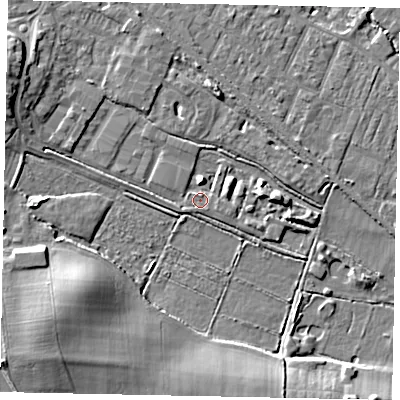 Shaded relief map of the ground around KT169QF, computed from Environment Agency LiDAR. The ground here sits at about 14 m above sea level and falls 14 m across the surrounding 800 m. Surface water reaching this point runs off ground lying to the north-east, 1.4 m higher.
