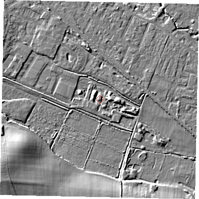Shaded relief map of the ground around KT169QG, computed from Environment Agency LiDAR. The ground here sits at about 15 m above sea level and falls 13 m across the surrounding 800 m. Surface water reaching this point runs off ground lying to the east, 4.5 m higher.