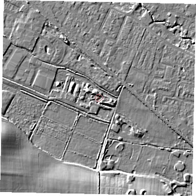 Shaded relief map of the ground around KT169QH, computed from Environment Agency LiDAR. The ground here sits at about 14 m above sea level and falls 11 m across the surrounding 800 m. Surface water reaching this point runs off ground lying to the north-west, 4.5 m higher.