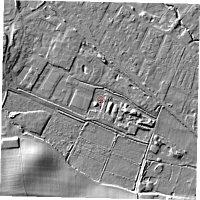 Shaded relief map of the ground around KT169QJ, computed from Environment Agency LiDAR. The ground here sits at about 14 m above sea level and falls 13 m across the surrounding 800 m. Surface water reaching this point runs off ground lying to the west-north-west, 5.4 m higher.