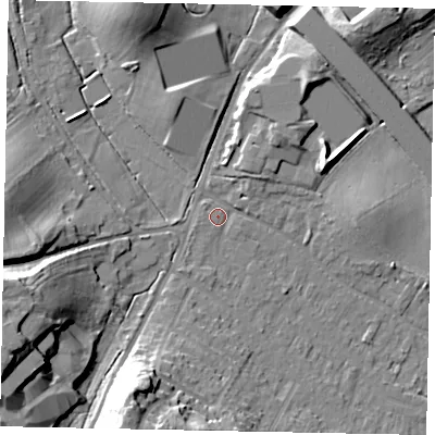 Shaded relief map of the ground around KT169QL, computed from Environment Agency LiDAR. The ground here sits at about 20 m above sea level and falls 23 m across the surrounding 800 m. Surface water reaching this point runs off ground lying to the south-south-west, 1.8 m higher.