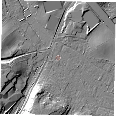 Shaded relief map of the ground around KT169QN, computed from Environment Agency LiDAR. The ground here sits at about 20 m above sea level and falls 22 m across the surrounding 800 m. Surface water reaching this point runs off ground lying to the south-south-west, 1.0 m higher.