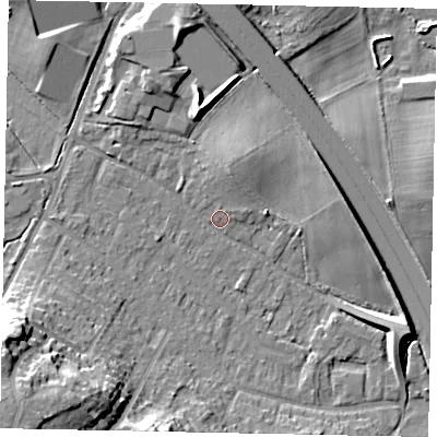 Shaded relief map of the ground around KT169QP, computed from Environment Agency LiDAR. The ground here sits at about 20 m above sea level and falls 24 m across the surrounding 800 m. Surface water reaching this point runs off ground lying to the west-south-west, 17.0 m higher.