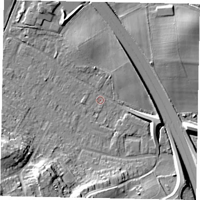 Shaded relief map of the ground around KT169QR, computed from Environment Agency LiDAR. The ground here sits at about 19 m above sea level and falls 25 m across the surrounding 800 m. Surface water reaching this point runs off ground lying to the south-west, 19.4 m higher.