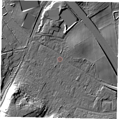 Shaded relief map of the ground around KT169QS, computed from Environment Agency LiDAR. The ground here sits at about 20 m above sea level and falls 23 m across the surrounding 800 m. Surface water reaching this point runs off ground lying to the north, 7.2 m higher.