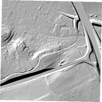 Shaded relief map of the ground around KT169QX, computed from Environment Agency LiDAR. The ground here sits at about 27 m above sea level and falls 22 m across the surrounding 800 m. Surface water reaching this point runs off ground lying to the south-west, 4.5 m higher.