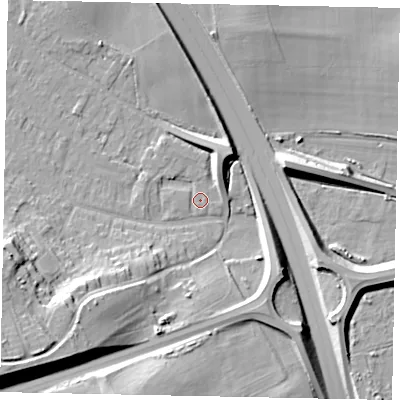 Shaded relief map of the ground around KT169SA, computed from Environment Agency LiDAR. The ground here sits at about 20 m above sea level and falls 23 m across the surrounding 800 m. Surface water reaching this point runs off ground lying to the south-west, 19.2 m higher.