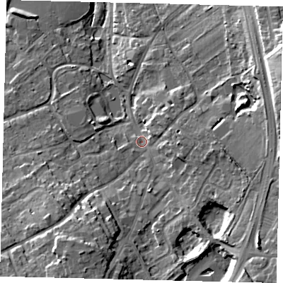 Shaded relief map of the ground around KT171SJ, computed from Environment Agency LiDAR. The ground here sits at about 34 m above sea level and falls 24 m across the surrounding 800 m. Surface water reaching this point runs off ground lying to the south-south-west, 13.4 m higher.