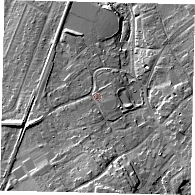 Shaded relief map of the ground around KT171UD, computed from Environment Agency LiDAR. The ground here sits at about 35 m above sea level and falls 19 m across the surrounding 800 m. Surface water reaching this point runs off ground lying to the south, 8.4 m higher.