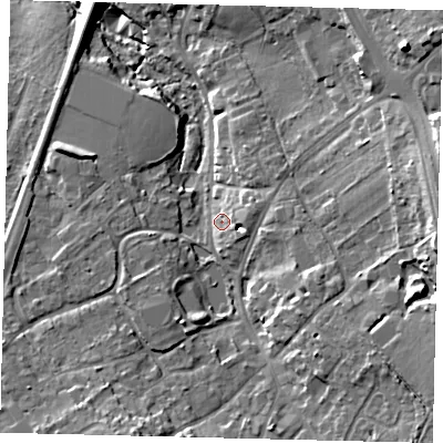 Shaded relief map of the ground around KT172AA, computed from Environment Agency LiDAR. The ground here sits at about 33 m above sea level and falls 21 m across the surrounding 800 m. Surface water reaching this point runs off ground lying to the east-north-east, 3.8 m higher.