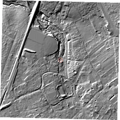 Shaded relief map of the ground around KT172AF, computed from Environment Agency LiDAR. The ground here sits at about 30 m above sea level and falls 21 m across the surrounding 800 m. Surface water reaching this point runs off ground lying to the south-east, 12.3 m higher.