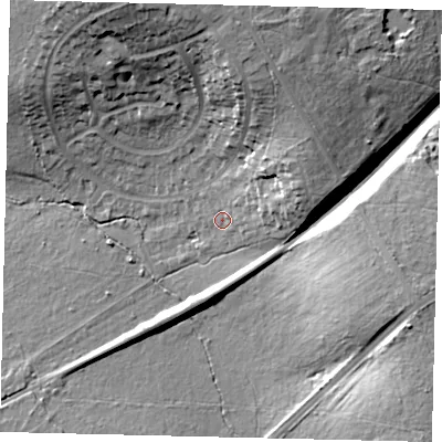 Shaded relief map of the ground around KT187HP, computed from Environment Agency LiDAR. The ground here sits at about 61 m above sea level and falls 26 m across the surrounding 800 m. Surface water reaching this point runs off ground lying to the east-north-east, 11.7 m higher.