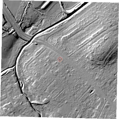 Shaded relief map of the ground around KT190DL, computed from Environment Agency LiDAR. The ground here sits at about 24 m above sea level and falls 14 m across the surrounding 800 m. Surface water reaching this point runs off ground lying to the south-east, 2.5 m higher.