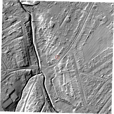 Shaded relief map of the ground around KT190HY, computed from Environment Agency LiDAR. The ground here sits at about 24 m above sea level and falls 11 m across the surrounding 800 m. Surface water reaching this point runs off ground lying to the north-east, 2.6 m higher.