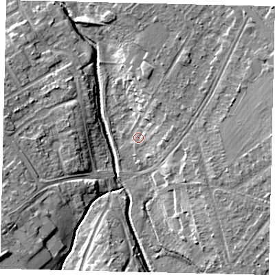Shaded relief map of the ground around KT190JH, computed from Environment Agency LiDAR. The ground here sits at about 22 m above sea level and falls 11 m across the surrounding 800 m. Surface water reaching this point runs off ground lying to the east-north-east, 4.9 m higher.
