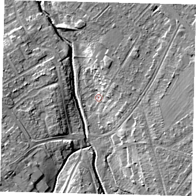 Shaded relief map of the ground around KT190JJ, computed from Environment Agency LiDAR. The ground here sits at about 21 m above sea level and falls 11 m across the surrounding 800 m. Surface water reaching this point runs off ground lying to the east-south-east, 7.9 m higher.