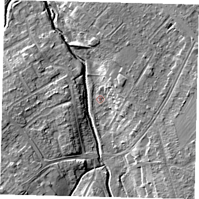 Shaded relief map of the ground around KT190JW, computed from Environment Agency LiDAR. The ground here sits at about 21 m above sea level and falls 11 m across the surrounding 800 m. Surface water reaching this point runs off ground lying to the east-south-east, 7.6 m higher.