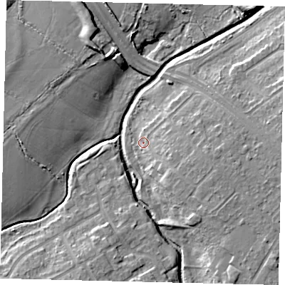 Shaded relief map of the ground around KT190LG, computed from Environment Agency LiDAR. The ground here sits at about 21 m above sea level and falls 11 m across the surrounding 800 m. Surface water reaching this point runs off ground lying to the east-south-east, 5.2 m higher.