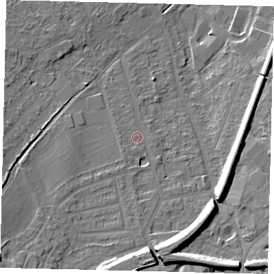 Shaded relief map of the ground around KT198EY, computed from Environment Agency LiDAR. The ground here sits at about 42 m above sea level and falls 15 m across the surrounding 800 m. Surface water reaching this point runs off ground lying to the south, 10.6 m higher.