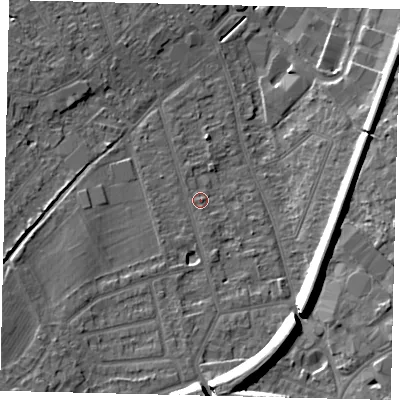 Shaded relief map of the ground around KT198HA, computed from Environment Agency LiDAR. The ground here sits at about 41 m above sea level and falls 15 m across the surrounding 800 m. Surface water reaching this point runs off ground lying to the south, 10.4 m higher.