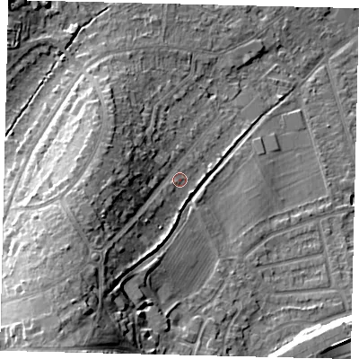 Shaded relief map of the ground around KT198JU, computed from Environment Agency LiDAR. The ground here sits at about 47 m above sea level and falls 23 m across the surrounding 800 m. Surface water reaching this point runs off ground lying to the south-west, 13.6 m higher.