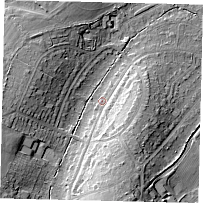 Shaded relief map of the ground around KT198LN, computed from Environment Agency LiDAR. The ground here sits at about 49 m above sea level and falls 19 m across the surrounding 800 m. Surface water reaching this point runs off ground lying to the south-south-east, 10.8 m higher.