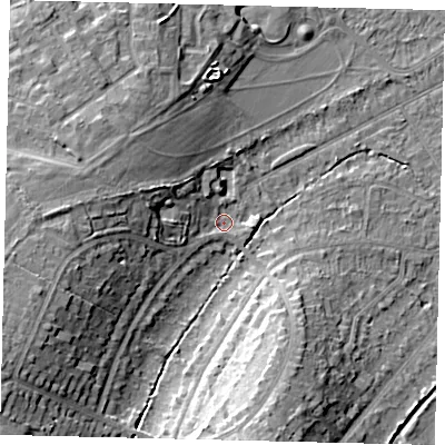 Shaded relief map of the ground around KT198LP, computed from Environment Agency LiDAR. The ground here sits at about 47 m above sea level and falls 19 m across the surrounding 800 m. Surface water reaching this point runs off ground lying to the west-north-west, 9.3 m higher.
