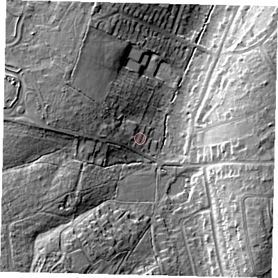Shaded relief map of the ground around KT198NE, computed from Environment Agency LiDAR. The ground here sits at about 56 m above sea level and falls 25 m across the surrounding 800 m. Surface water reaching this point runs off ground lying to the west, 10.2 m higher.