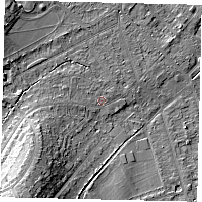 Shaded relief map of the ground around KT198RA, computed from Environment Agency LiDAR. The ground here sits at about 43 m above sea level and falls 22 m across the surrounding 800 m. Surface water reaching this point runs off ground lying to the west, 2.1 m higher.