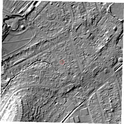 Shaded relief map of the ground around KT198RD, computed from Environment Agency LiDAR. The ground here sits at about 43 m above sea level and falls 19 m across the surrounding 800 m. Surface water reaching this point runs off ground lying to the south-west, 8.7 m higher.