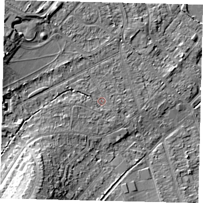 Shaded relief map of the ground around KT198RE, computed from Environment Agency LiDAR. The ground here sits at about 43 m above sea level and falls 19 m across the surrounding 800 m. Surface water reaching this point runs off ground lying to the south-west, 8.3 m higher.