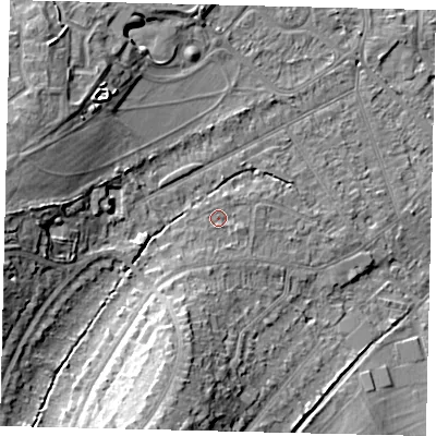 Shaded relief map of the ground around KT198RH, computed from Environment Agency LiDAR. The ground here sits at about 45 m above sea level and falls 18 m across the surrounding 800 m. Surface water reaching this point runs off ground lying to the south-south-west, 4.6 m higher.