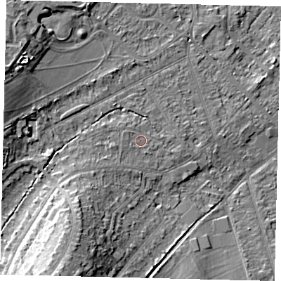 Shaded relief map of the ground around KT198RJ, computed from Environment Agency LiDAR. The ground here sits at about 44 m above sea level and falls 19 m across the surrounding 800 m. Surface water reaching this point runs off ground lying to the south-west, 5.6 m higher.