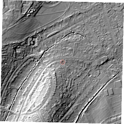 Shaded relief map of the ground around KT198RN, computed from Environment Agency LiDAR. The ground here sits at about 46 m above sea level and falls 19 m across the surrounding 800 m. Surface water reaching this point runs off ground lying to the south-south-west, 7.5 m higher.