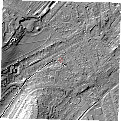 Shaded relief map of the ground around KT198RW, computed from Environment Agency LiDAR. The ground here sits at about 44 m above sea level and falls 18 m across the surrounding 800 m. Surface water reaching this point runs off ground lying to the south-south-west, 12.6 m higher.