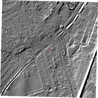 Shaded relief map of the ground around KT198RY, computed from Environment Agency LiDAR. The ground here sits at about 40 m above sea level and falls 15 m across the surrounding 800 m. Surface water reaching this point runs off ground lying to the south-west, 9.8 m higher.