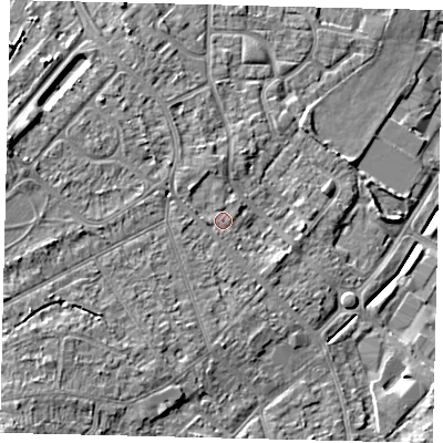 Shaded relief map of the ground around KT198SA, computed from Environment Agency LiDAR. The ground here sits at about 41 m above sea level and falls 15 m across the surrounding 800 m. Surface water reaching this point runs off ground lying to the north-west, 1.3 m higher.