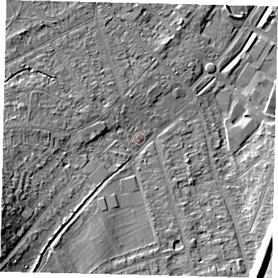 Shaded relief map of the ground around KT198SB, computed from Environment Agency LiDAR. The ground here sits at about 41 m above sea level and falls 20 m across the surrounding 800 m. Surface water reaching this point runs off ground lying to the south-west, 14.3 m higher.