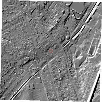 Shaded relief map of the ground around KT198SD, computed from Environment Agency LiDAR. The ground here sits at about 40 m above sea level and falls 16 m across the surrounding 800 m. Surface water reaching this point runs off ground lying to the west-north-west, 2.0 m higher.