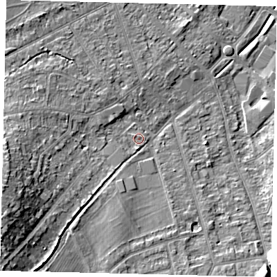 Shaded relief map of the ground around KT198SF, computed from Environment Agency LiDAR. The ground here sits at about 42 m above sea level and falls 24 m across the surrounding 800 m. Surface water reaching this point runs off ground lying to the south-west, 9.7 m higher.
