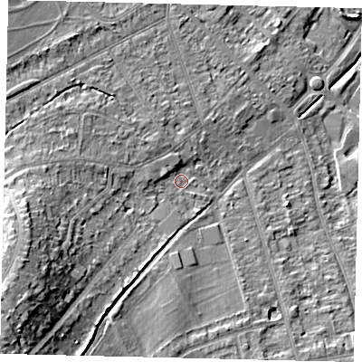 Shaded relief map of the ground around KT198SG, computed from Environment Agency LiDAR. The ground here sits at about 41 m above sea level and falls 24 m across the surrounding 800 m. Surface water reaching this point runs off ground lying to the south-west, 17.8 m higher.