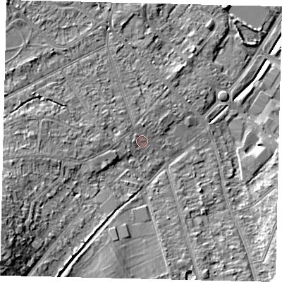 Shaded relief map of the ground around KT198SH, computed from Environment Agency LiDAR. The ground here sits at about 41 m above sea level and falls 22 m across the surrounding 800 m. Surface water reaching this point runs off ground lying to the west, 1.7 m higher.