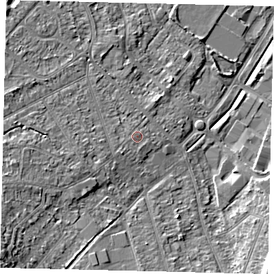 Shaded relief map of the ground around KT198SJ, computed from Environment Agency LiDAR. The ground here sits at about 41 m above sea level and falls 18 m across the surrounding 800 m. Surface water reaching this point runs off ground lying to the south-west, 1.6 m higher.