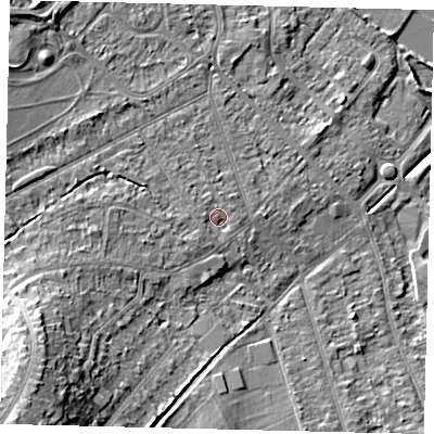 Shaded relief map of the ground around KT198SL, computed from Environment Agency LiDAR. The ground here sits at about 42 m above sea level and falls 22 m across the surrounding 800 m. Surface water reaching this point runs off ground lying to the west-south-west, 5.3 m higher.