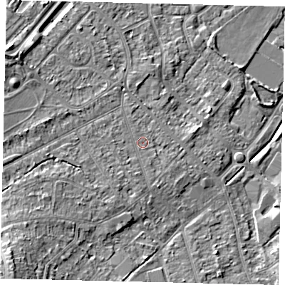 Shaded relief map of the ground around KT198SN, computed from Environment Agency LiDAR. The ground here sits at about 41 m above sea level and falls 19 m across the surrounding 800 m. Surface water reaching this point runs off ground lying to the west, 4.4 m higher.