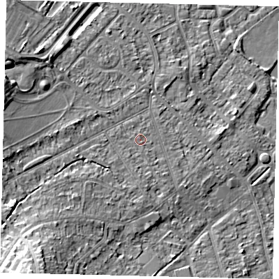 Shaded relief map of the ground around KT198SR, computed from Environment Agency LiDAR. The ground here sits at about 42 m above sea level and falls 17 m across the surrounding 800 m. Surface water reaching this point runs off ground lying to the south-west, 0.8 m higher.