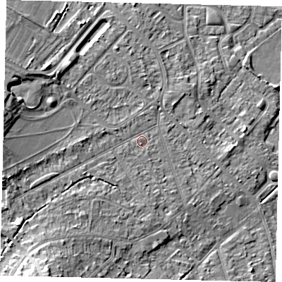 Shaded relief map of the ground around KT198SS, computed from Environment Agency LiDAR. The ground here sits at about 42 m above sea level and falls 15 m across the surrounding 800 m. Surface water reaching this point runs off ground lying to the west-north-west, 7.6 m higher.