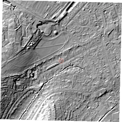 Shaded relief map of the ground around KT198ST, computed from Environment Agency LiDAR. The ground here sits at about 44 m above sea level and falls 17 m across the surrounding 800 m. Surface water reaching this point runs off ground lying to the west-south-west, 12.2 m higher.