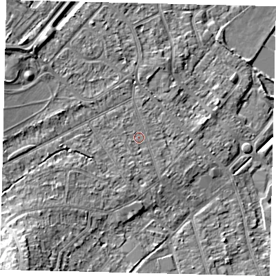 Shaded relief map of the ground around KT198SW, computed from Environment Agency LiDAR. The ground here sits at about 42 m above sea level and falls 19 m across the surrounding 800 m. Surface water reaching this point runs off ground lying to the south-south-west, 1.0 m higher.
